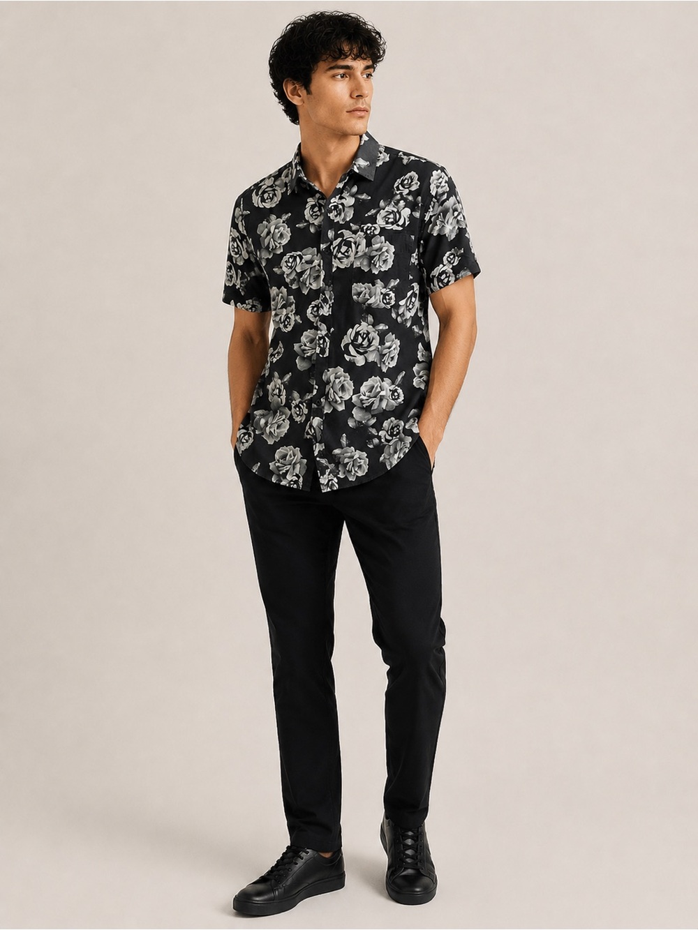 Men's Black Floral Button-Down Shirt with Gray Rose Print Monument Men’s Slim Fi